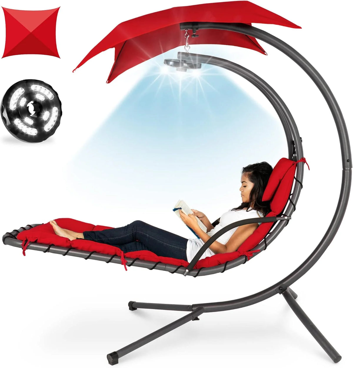 Best Choice Products Outdoor Hanging Curved Steel Chaise Lounge Chair Swing w/Built-in Pillow and Removable Canopy - Teal