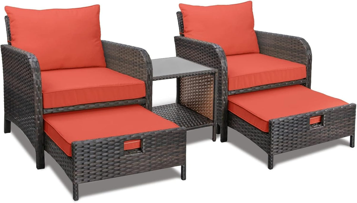 LEVELEVE Balcony Furniture 5 Piece Patio Conversation Set, PE Wicker Rattan Outdoor Lounge Chairs with Soft Cushions 2 Ottoman&Glass Table for Porch, Lawn-Brown Wicker