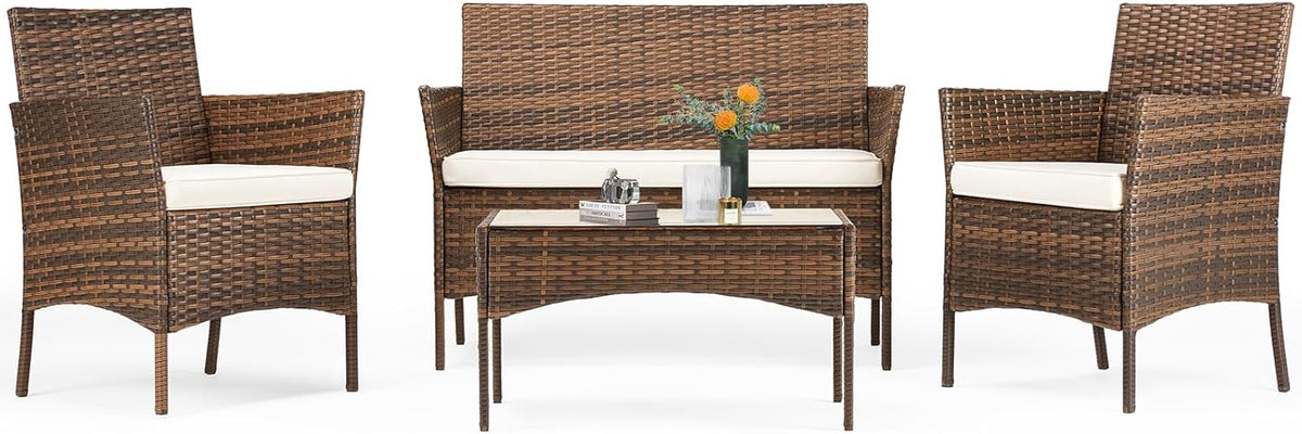 Sweetcripy Patio Furniture Set 3 Pieces, Outdoor Furniture with Soft Cushion and Glass Table, All Weather Manual Weaving Wicker Rattan Patio Chairs for Garden, Terrace, Porch(Black and Beige)