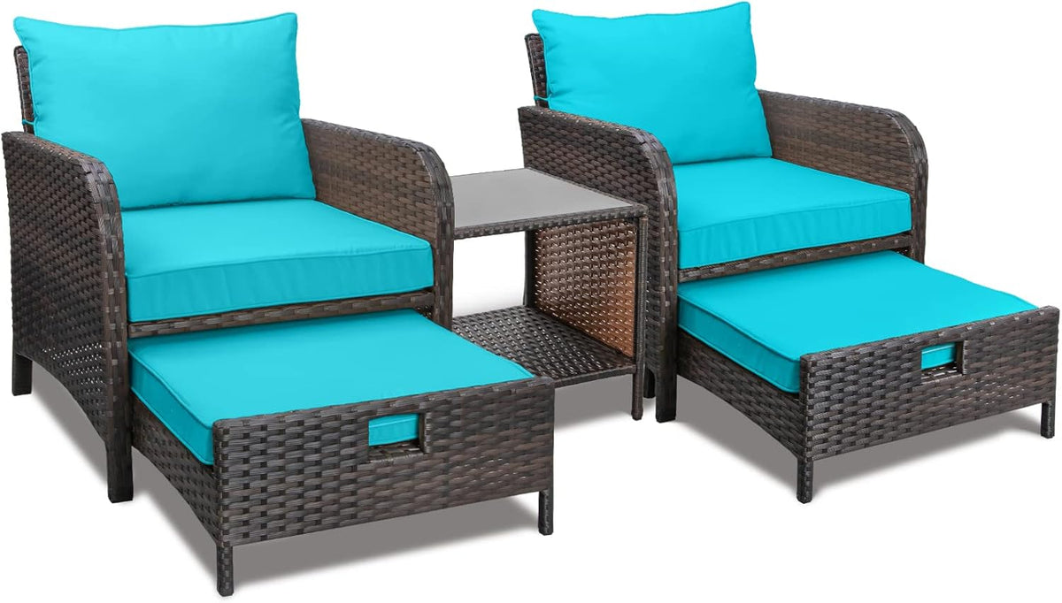 LEVELEVE Balcony Furniture 5 Piece Patio Conversation Set, PE Wicker Rattan Outdoor Lounge Chairs with Soft Cushions 2 Ottoman&Glass Table for Porch, Lawn-Brown Wicker