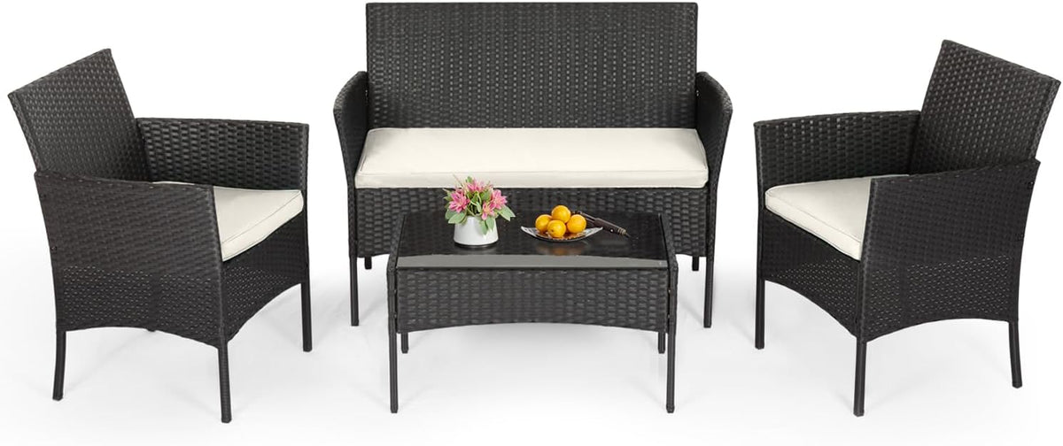 FDW | 4-Piece Patio Furniture Set | Black | Outdoor Wicker Furniture with Coffee Table | Modern Rattan Chairs Conversation Set | Outdoor Seating | Weather-Resistant | for Porch, Garden, Lawn