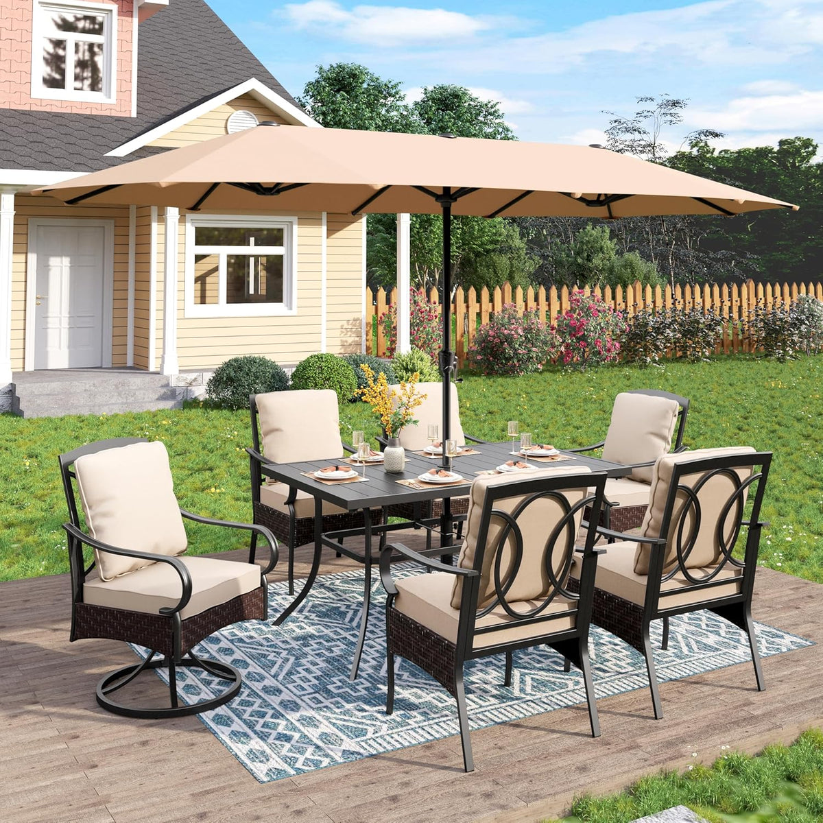 PHI VILLA 6-Piece Outdoor Dining Sets, All-Weather Patio Table and Chairs Set with Umbrella for 4, Heavy Duty Patio Round Table Set for Deck, 4 Extra Large Outdoor Swivel Chairs with Thick Cushions