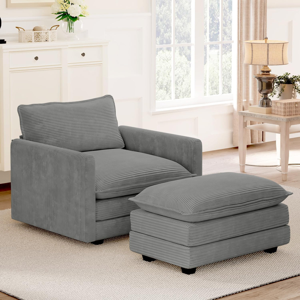 ROWHY Oversized Modular Sectional Sofa with Movable Ottoman, 112 Inch 4 Seat Modern Corduroy Sofa Set, Convertible L Shaped Couch for Living Room and Office, Beige