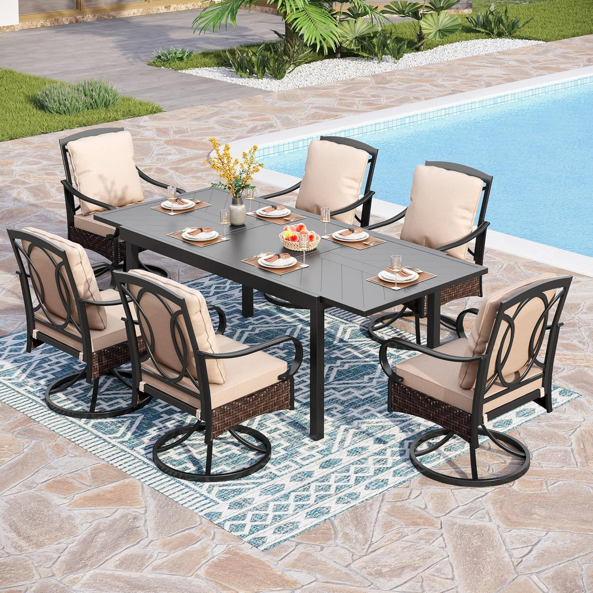 PHI VILLA 6-Piece Outdoor Dining Sets, All-Weather Patio Table and Chairs Set with Umbrella for 4, Heavy Duty Patio Round Table Set for Deck, 4 Extra Large Outdoor Swivel Chairs with Thick Cushions