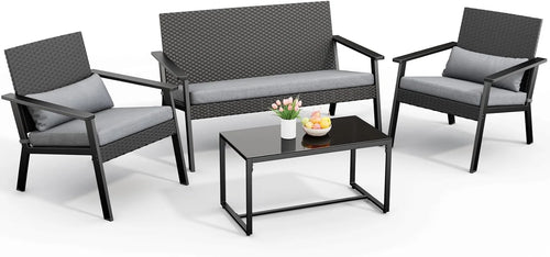 Ahomly 4-Piece Outdoor Wicker Patio Furniture Set with Deep Seating Cushions and Table for Balcony, Backyard, and Porch (Gray)