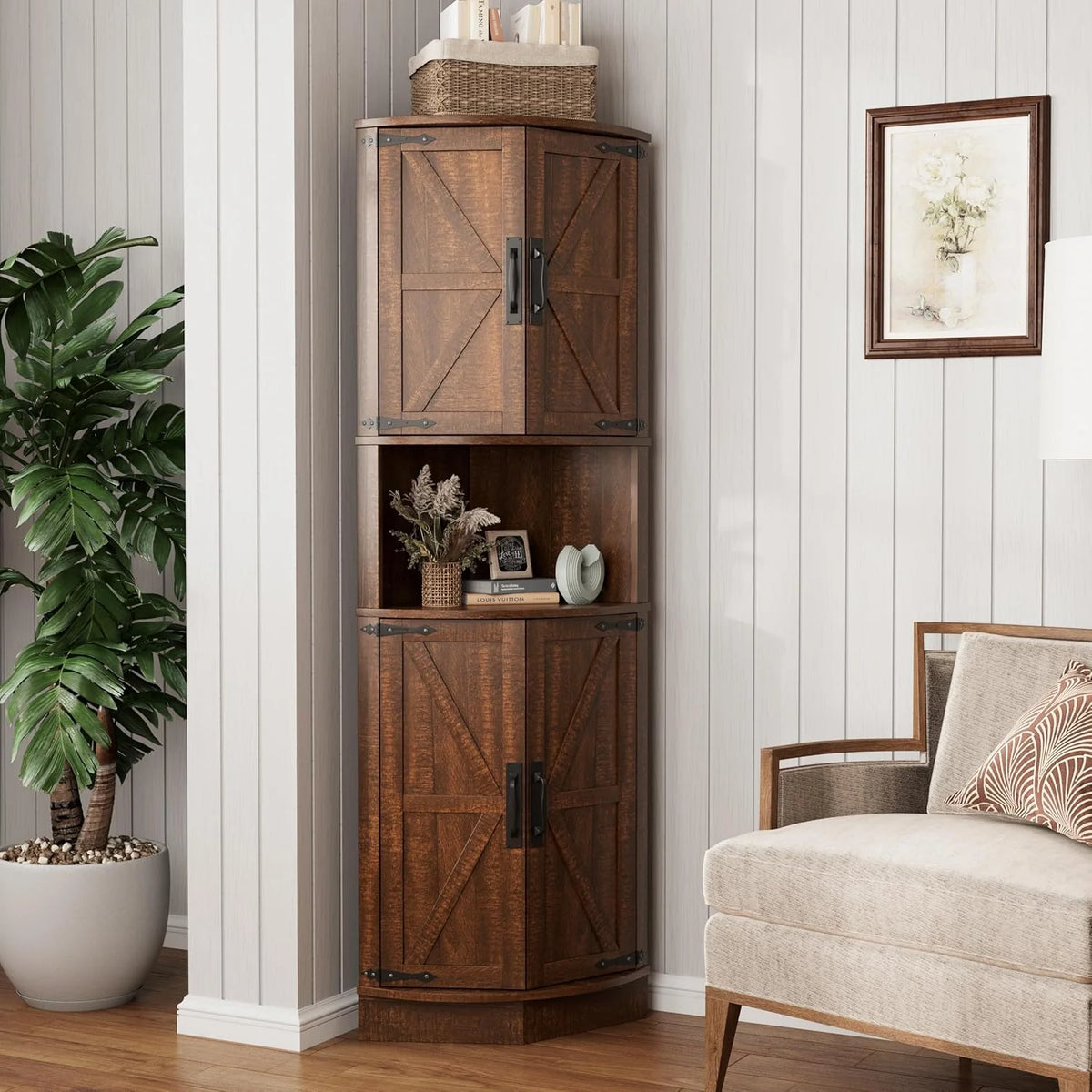 Vabches 64.8" Tall Farmhouse Corner Cabinet Farmhouse Storage Cabinet with Barn Door Design