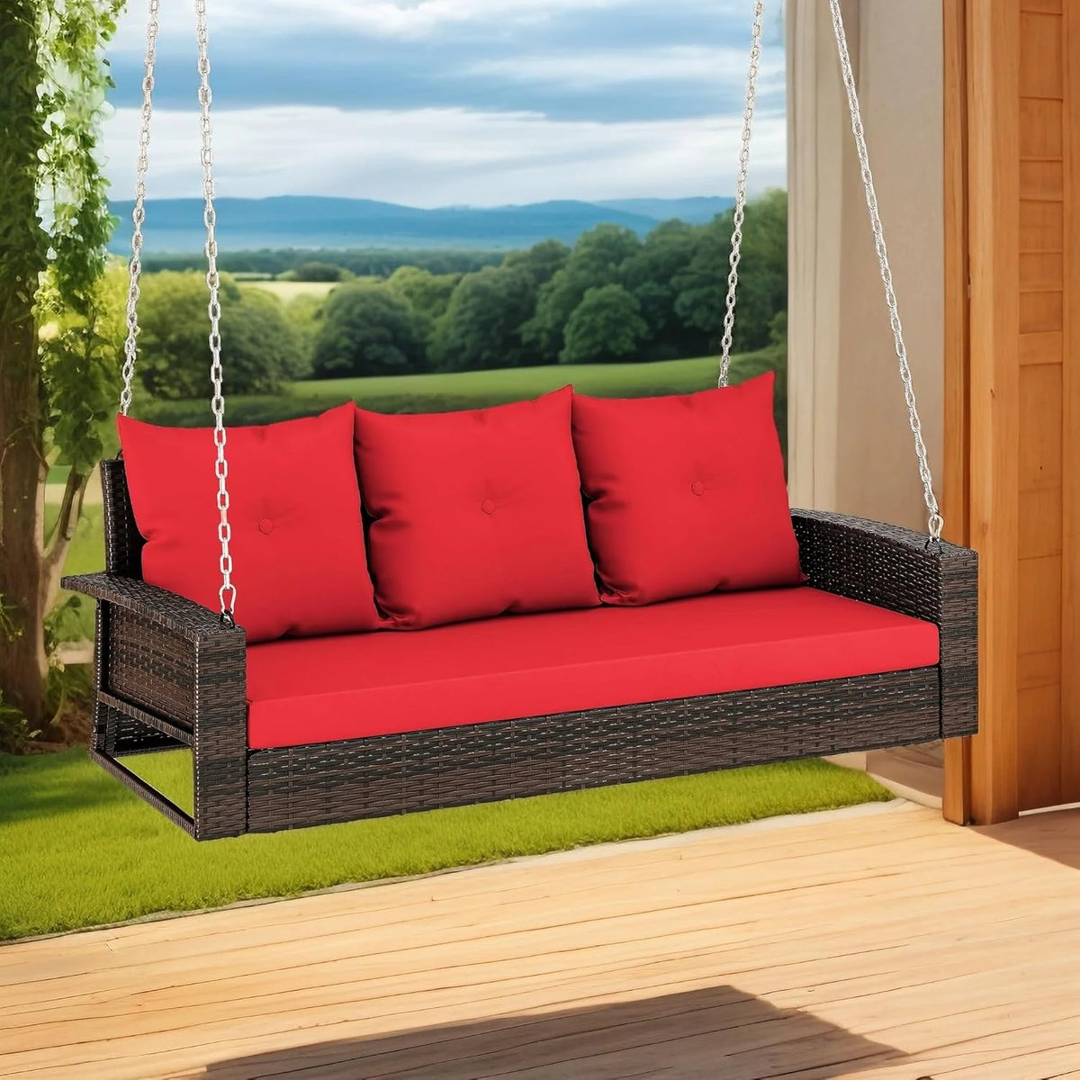 YITAHOME Hanging Porch Swing Chair Sits 3 People, Wicker Outdoor Swing Bench, Patio Lounge Chair, 1 Seating Cushion and 3 Back Cushions, w/Removable Covers, for Garden, Balcony, Backyard, Brown