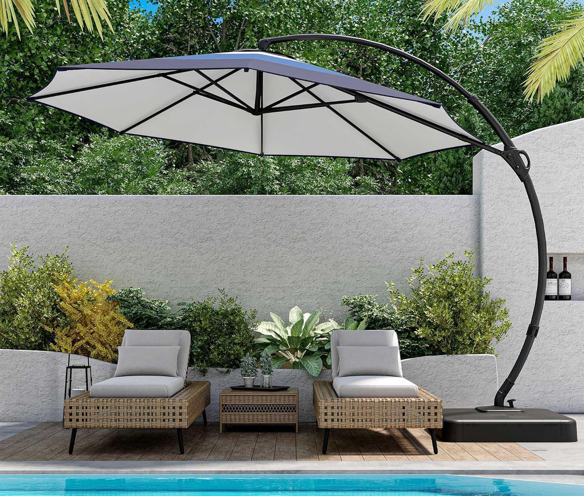 LAUSAINT HOME Outdoor Patio Umbrella with Base included, 11 FT Deluxe Curvy Cantilever Umbrella Heavy Duty Offset Hanging Umbrella with 360° Rotation for Market, Pool, Garden, Backyard, Deck (Beige)
