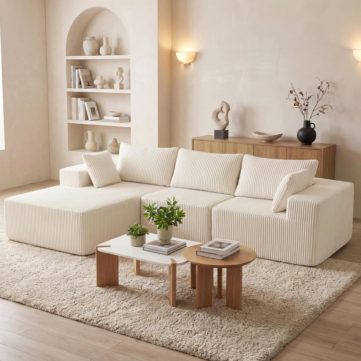 DUMOS 108" Boneless Couch, Cloud Sectional Couch with L-Shape Chaise, Modular Sectional Sofa with Deep Seat, Upholstered Couch for Living Room Bedroom, No Assembly Required (Beige, Left Facing Chaise)