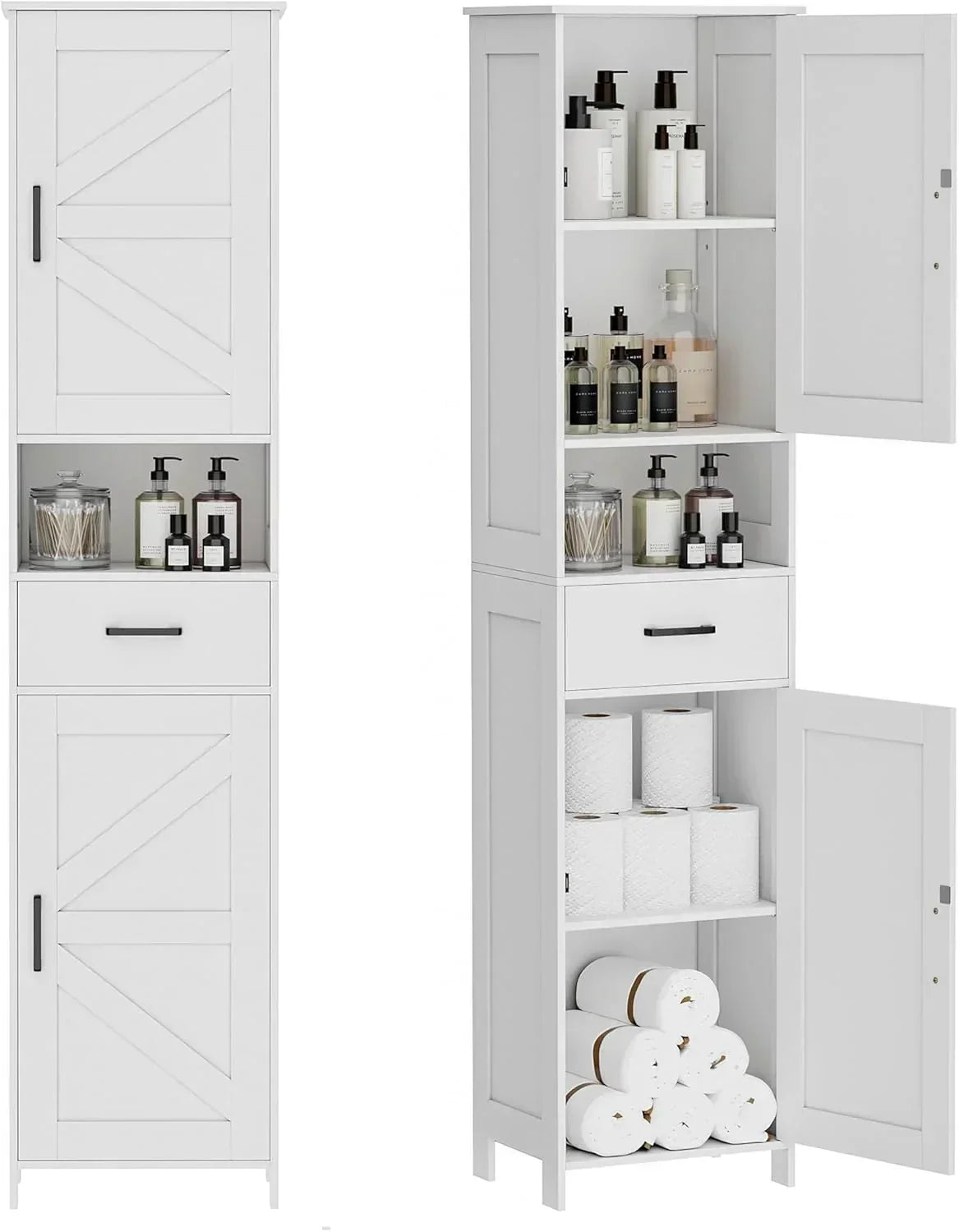 Homhedy 67" H Tall Bathroom Storage Cabinet with 2 Barn Doors and 1 Drawer Narrow Storage Unit