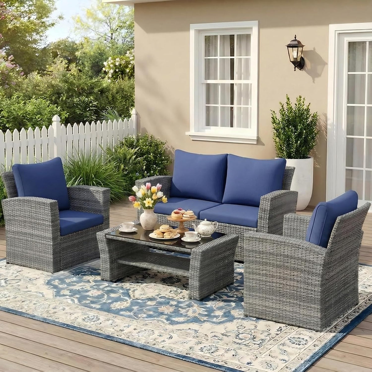 Wisteria Lane 4 Piece Patio Furniture Set, Wicker Outdoor Patio Conversation Furniture Set, All Weather Outdoor Patio Sofa with Cushion and Glass Table, Navy Blue