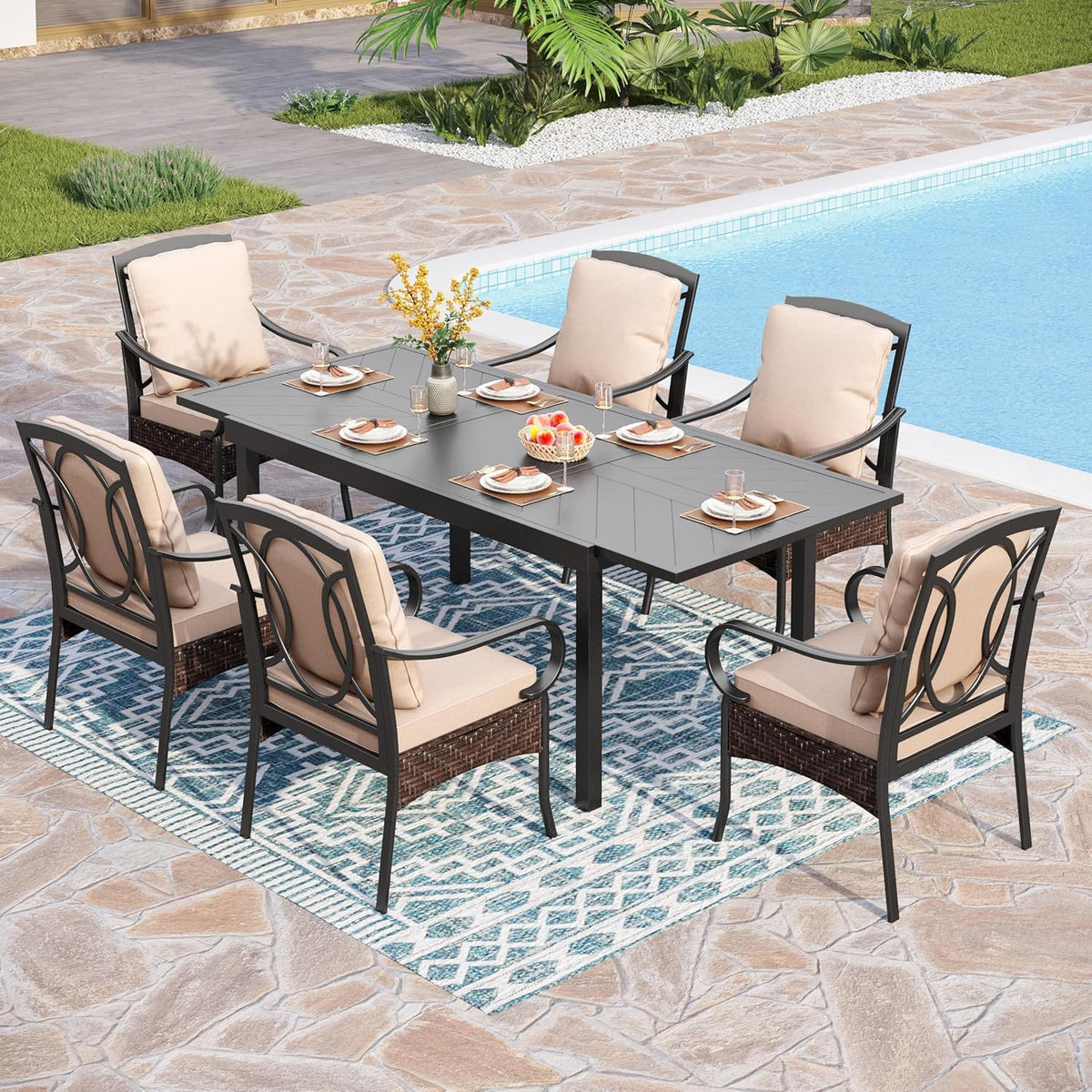 PHI VILLA 6-Piece Outdoor Dining Sets, All-Weather Patio Table and Chairs Set with Umbrella for 4, Heavy Duty Patio Round Table Set for Deck, 4 Extra Large Outdoor Swivel Chairs with Thick Cushions