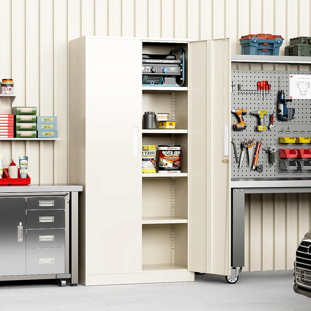 Greenvelly Metal Storage Cabinet, 72" Black Locking Metal Cabinet with 2 Doors and 4 Adjustable Shelves, Lockable Garage Storage Cabinets for Home Office, Garage, Kitchen, Living Room