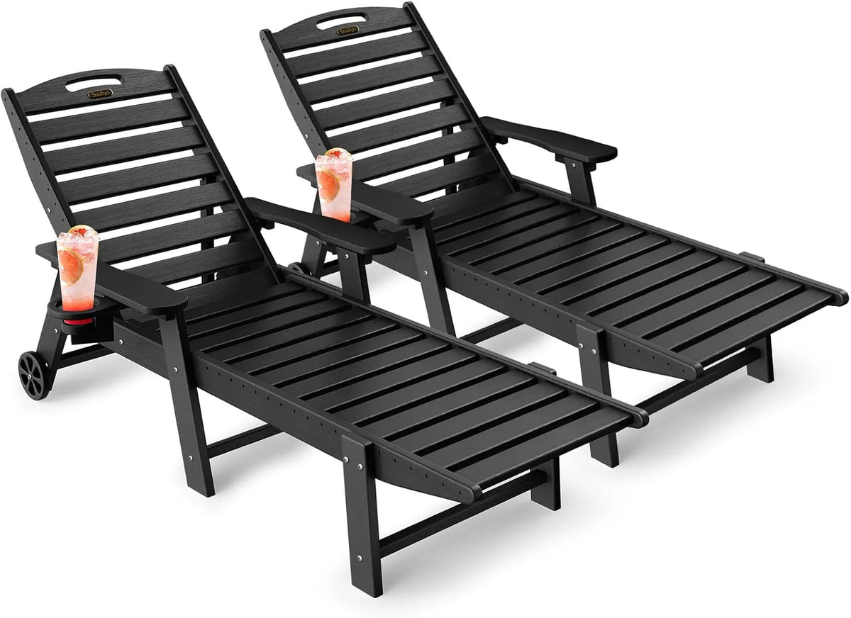 Lounge Chair Outdoor, Chaise Lounge, HDPE 6-Position Outdoor Chaise Lounge, Patio Lounge Chair with Wheels & Cup Holder for Pool Poolside Deck Backyard, Teak