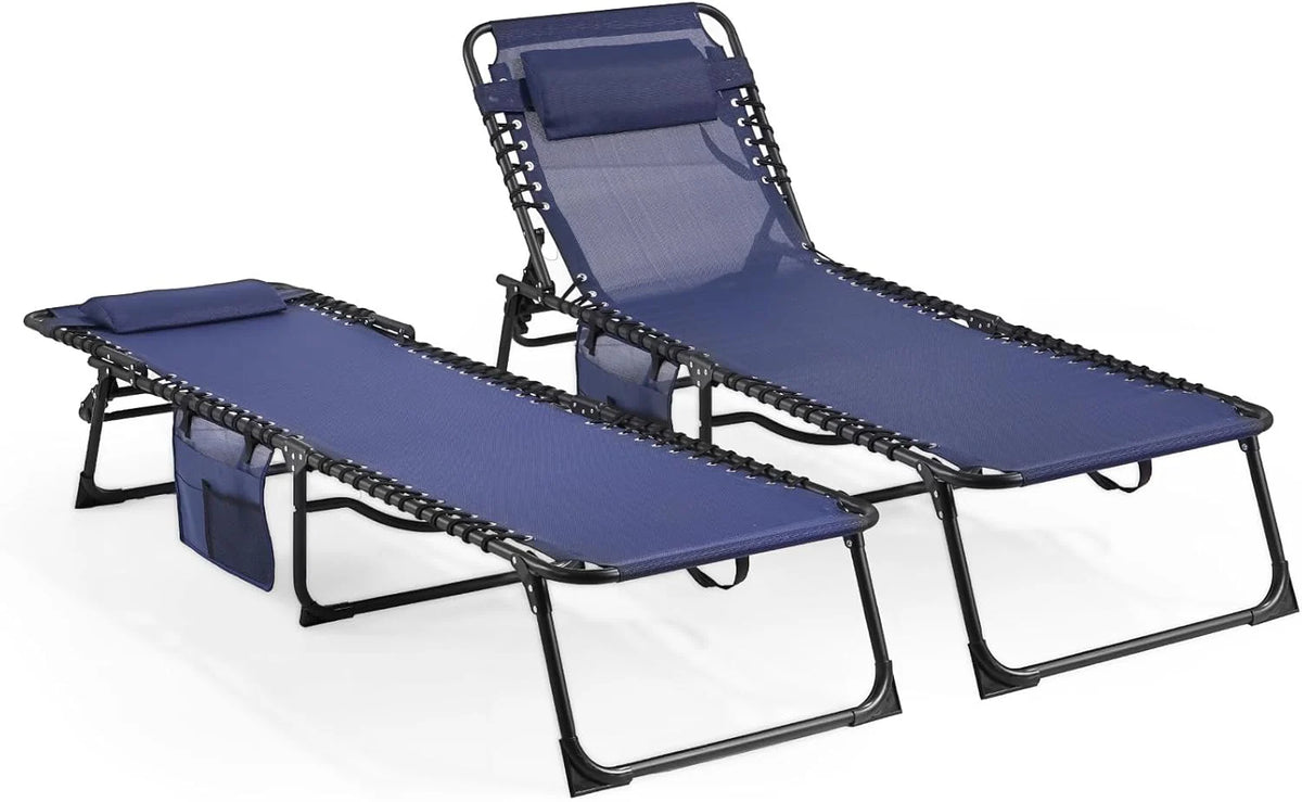 Unovivy Outdoor Chaise Lounge Chairs Set of 2, Portable Folding Pool Lounge Chair with 5-Position Reclining Back, Teslin Tanning Chair for Pool, Beach, Patio, Sunbathing