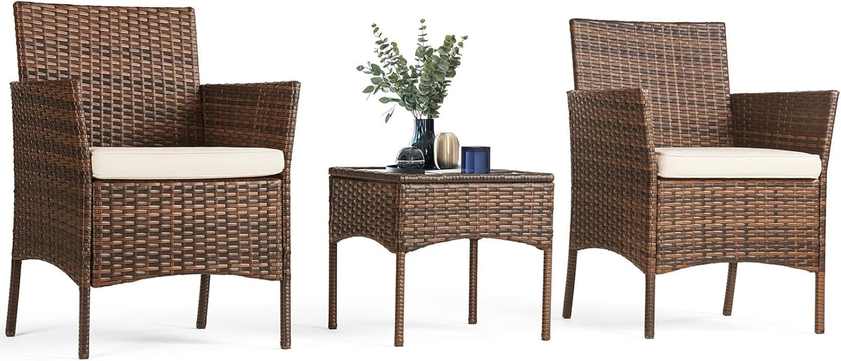 Sweetcripy Patio Furniture Set 3 Pieces, Outdoor Furniture with Soft Cushion and Glass Table, All Weather Manual Weaving Wicker Rattan Patio Chairs for Garden, Terrace, Porch(Black and Beige)