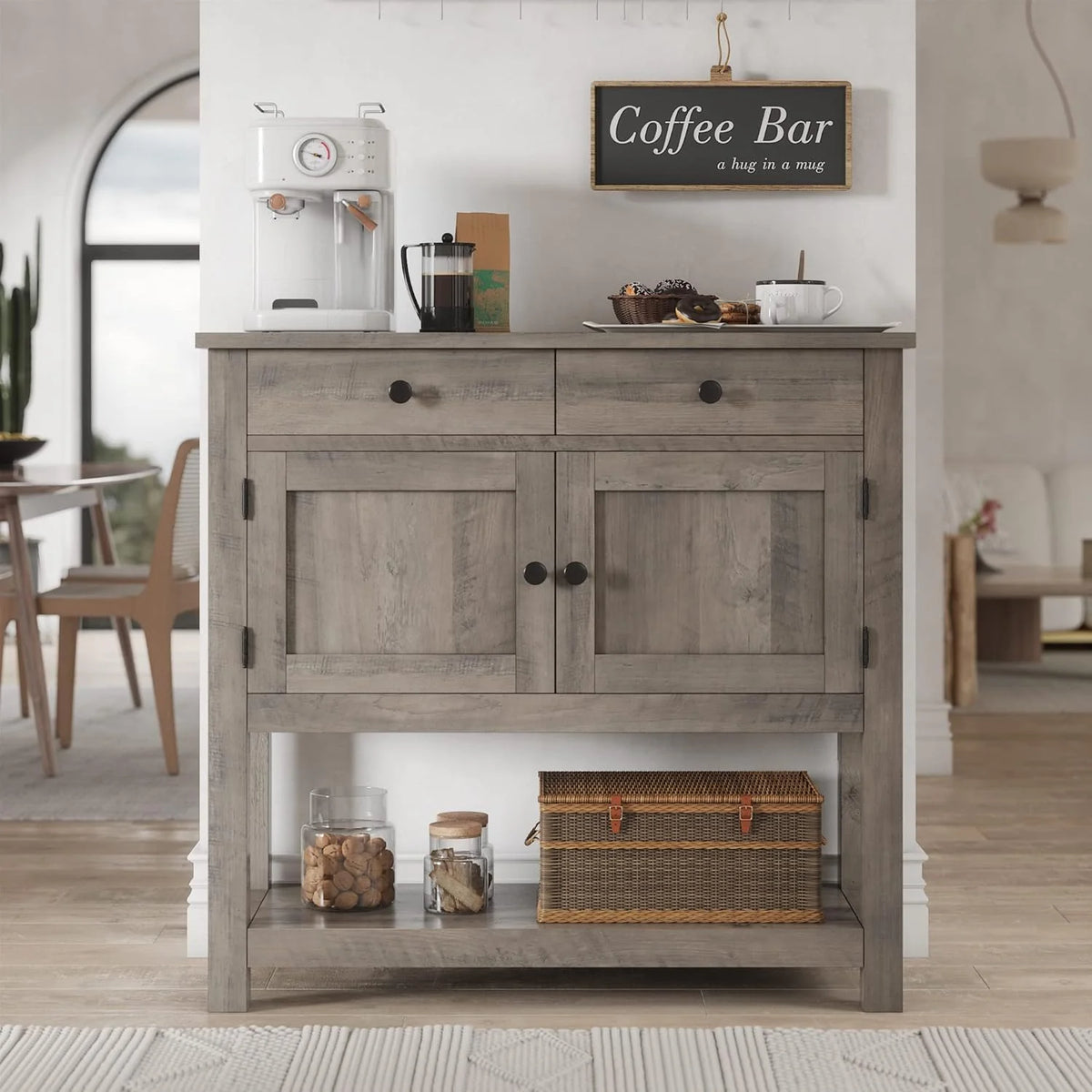 Farmhouse style console table coffee bar, entry table with storage rack, sofa table buffet sideboard