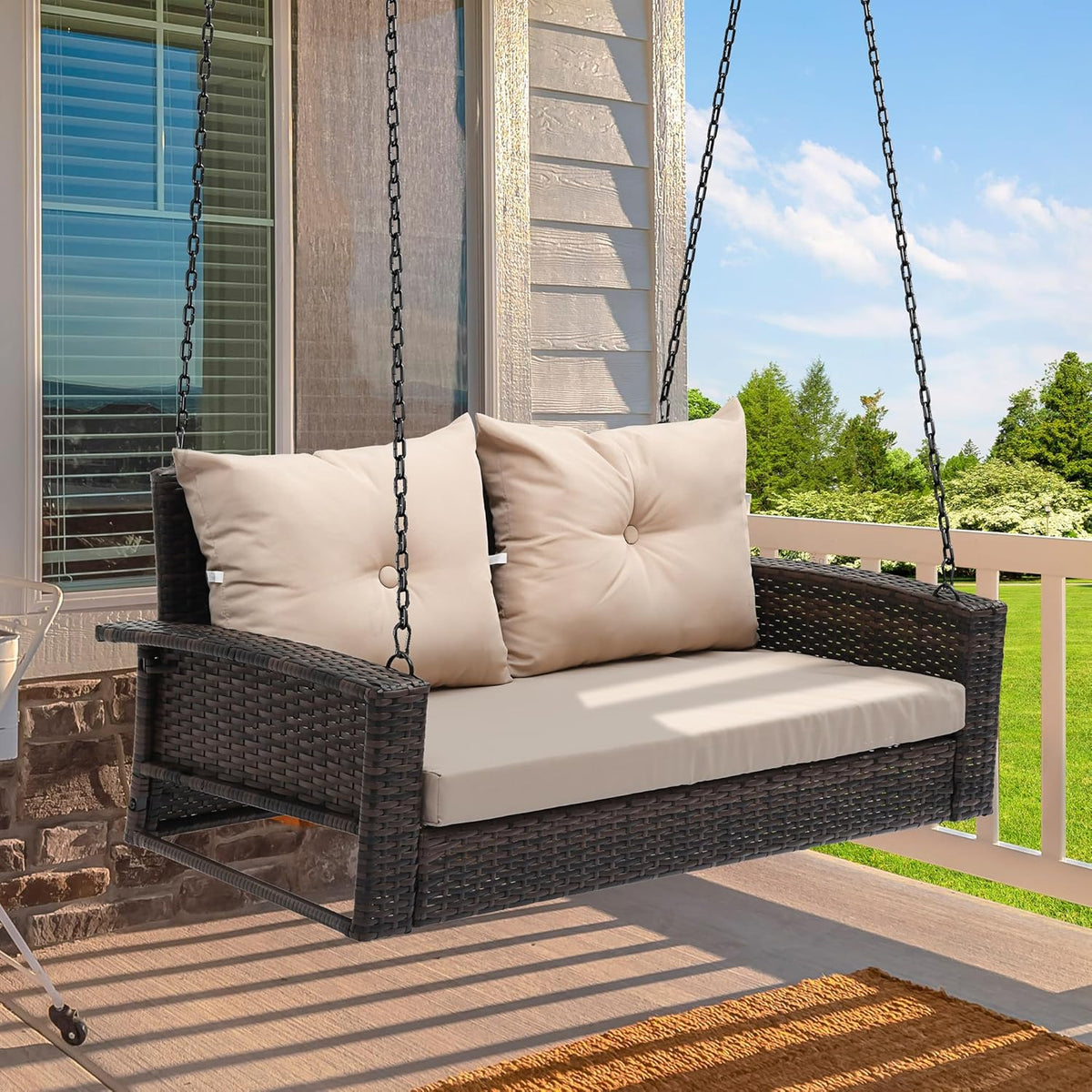 YITAHOME Hanging Porch Swing Chair Sits 3 People, Wicker Outdoor Swing Bench, Patio Lounge Chair, 1 Seating Cushion and 3 Back Cushions, w/Removable Covers, for Garden, Balcony, Backyard, Brown