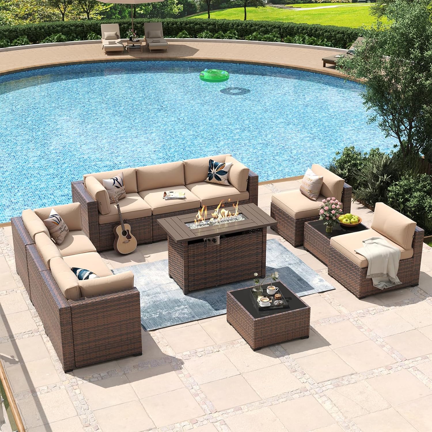 Aoxun 8 Piece Patio Furniture Set with 44?Fire Pit Table Wicker Rattan Outdoor Sectional Sofa Set with Coffee Table and Thickened Cushions, Beige (Waterproof Cover Included)