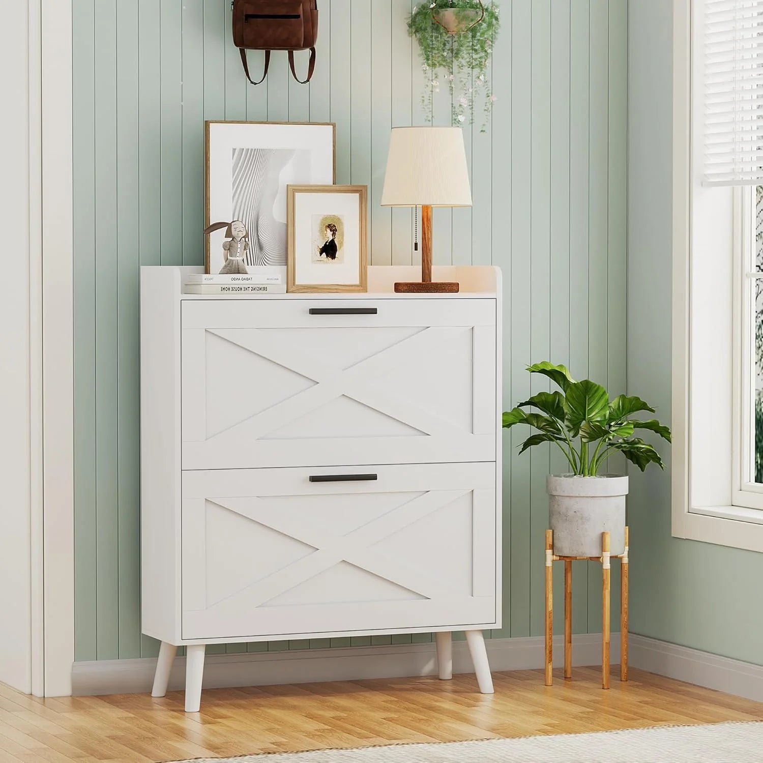 32" W Farmhouse Shoe Storage Cabinet Modern Hidden Slim Narrow Shoe Rack Cabinet