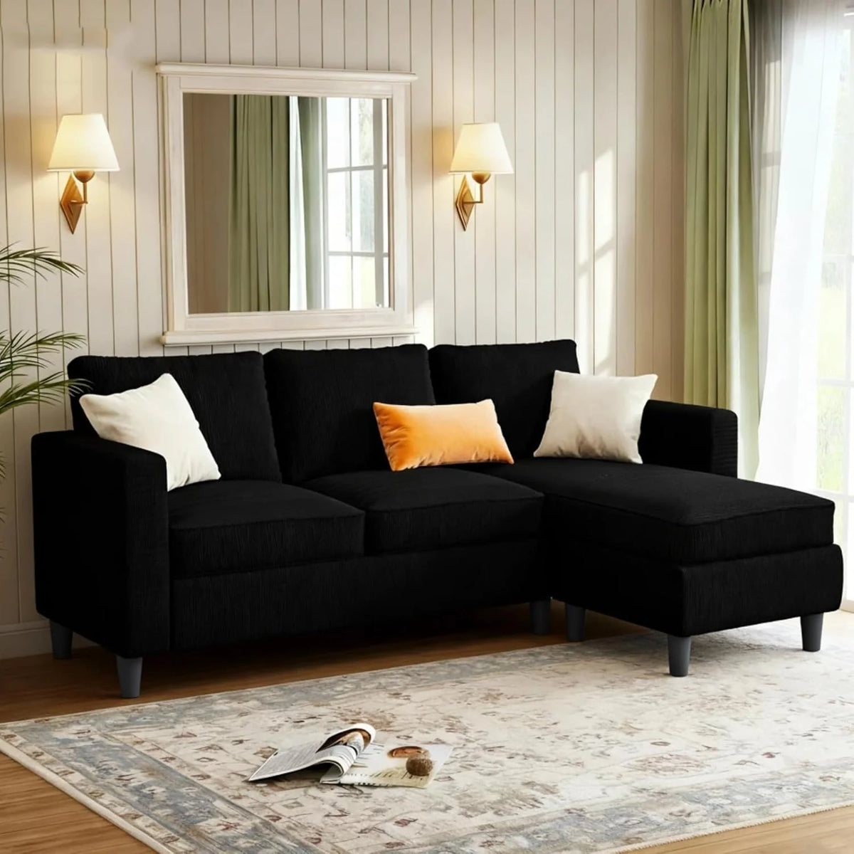 JAMFLY 3 Seat Convertible L Shaped Sectional Sofa  Ottoman Upholstered Fabric Couch