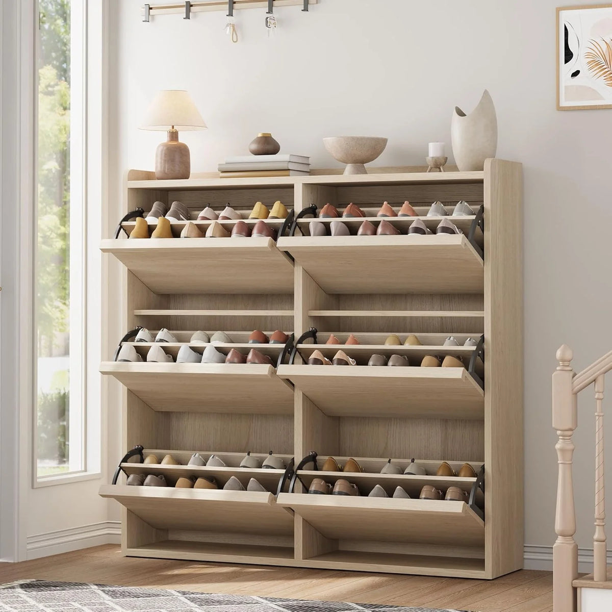 GarveeHome Shoe Cabinet with 3 Flip Drawers Wooden Shoe Organizer Cabinet Shoe Storage Hidden
