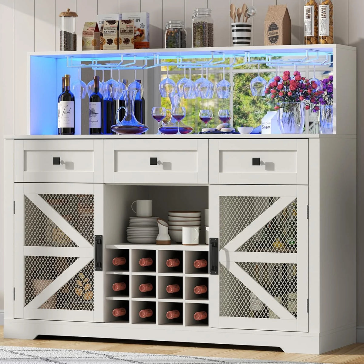Wine Bar Cabinet with LED Light, Liquor Cabinet with Glass Holder, Coffee Bar for Liquor, Storage Buffet with Wine Racks, Wine Cabinet
