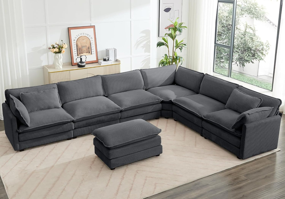 ROWHY Oversized Modular Sectional Sofa with Movable Ottoman, 112 Inch 4 Seat Modern Corduroy Sofa Set, Convertible L Shaped Couch for Living Room and Office, Beige