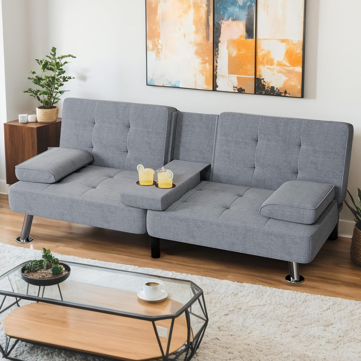 Shahoo Modern Linen Upholstered Convertible Folding Futon Sofa Bed with Removable Armrests