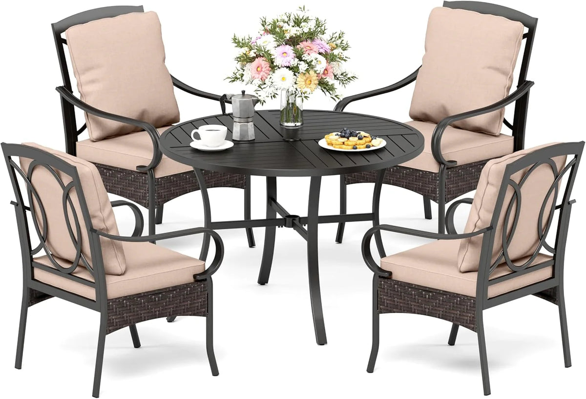 PHI VILLA 6-Piece Outdoor Dining Sets, All-Weather Patio Table and Chairs Set with Umbrella for 4, Heavy Duty Patio Round Table Set for Deck, 4 Extra Large Outdoor Swivel Chairs with Thick Cushions