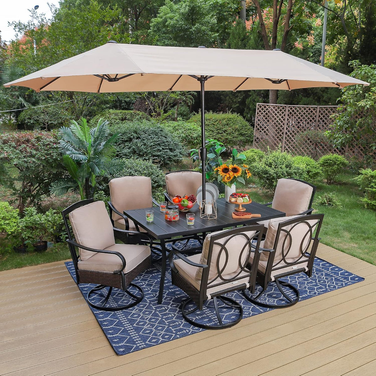 PHI VILLA 6-Piece Outdoor Dining Sets, All-Weather Patio Table and Chairs Set with Umbrella for 4, Heavy Duty Patio Round Table Set for Deck, 4 Extra Large Outdoor Swivel Chairs with Thick Cushions