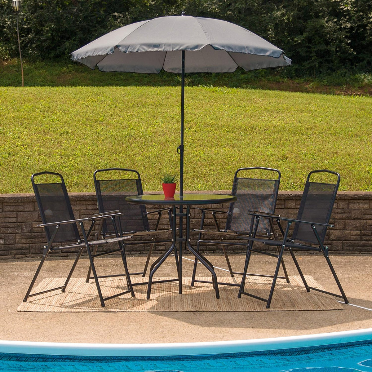 EMMA + OLIVER 6 Piece Brown Patio Garden Set with Umbrella Table and Set of 4 Folding Chairs