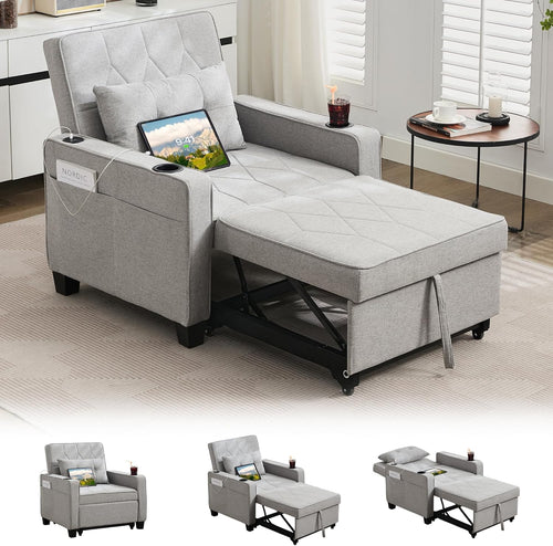 Adult Convertible Sleeper Chair Bed, 3-in-1 Pull-Out Sofa Bed with USB/Type-C Ports, Cup Holders, Side Pockets, Single Sofa