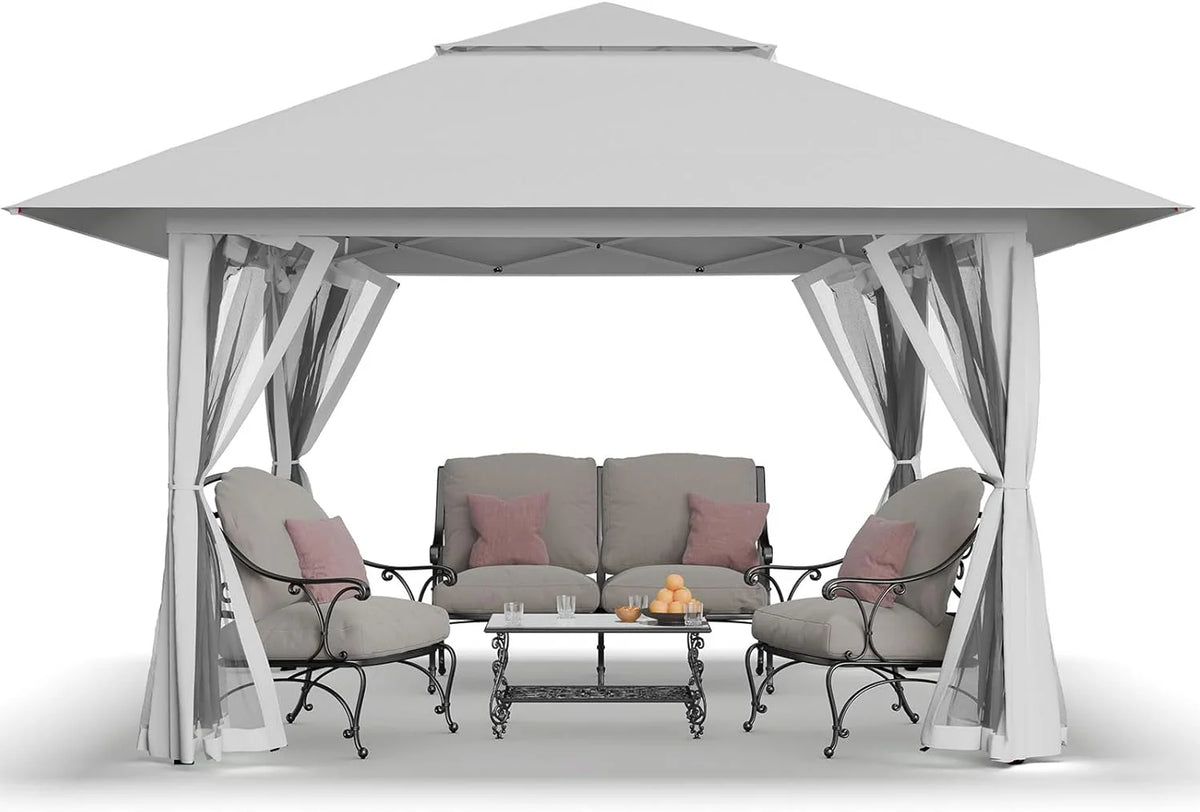 CROWN SHADES 13x13 Pop Up Gazebo, Canopy Tent, Gazebos on Clearance - Outdoor Gazebo for Backyard & Patio Furniture - Carpa Pop Up Tent with Wheeled STO-N-Go Cover Bag (White)