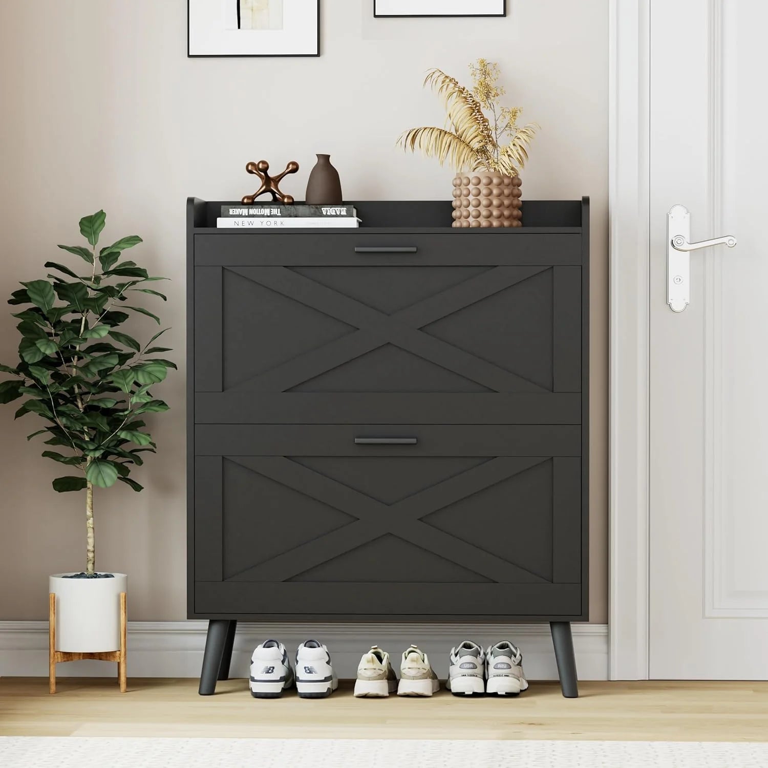 32" W Farmhouse Shoe Storage Cabinet Modern Hidden Slim Narrow Shoe Rack Cabinet