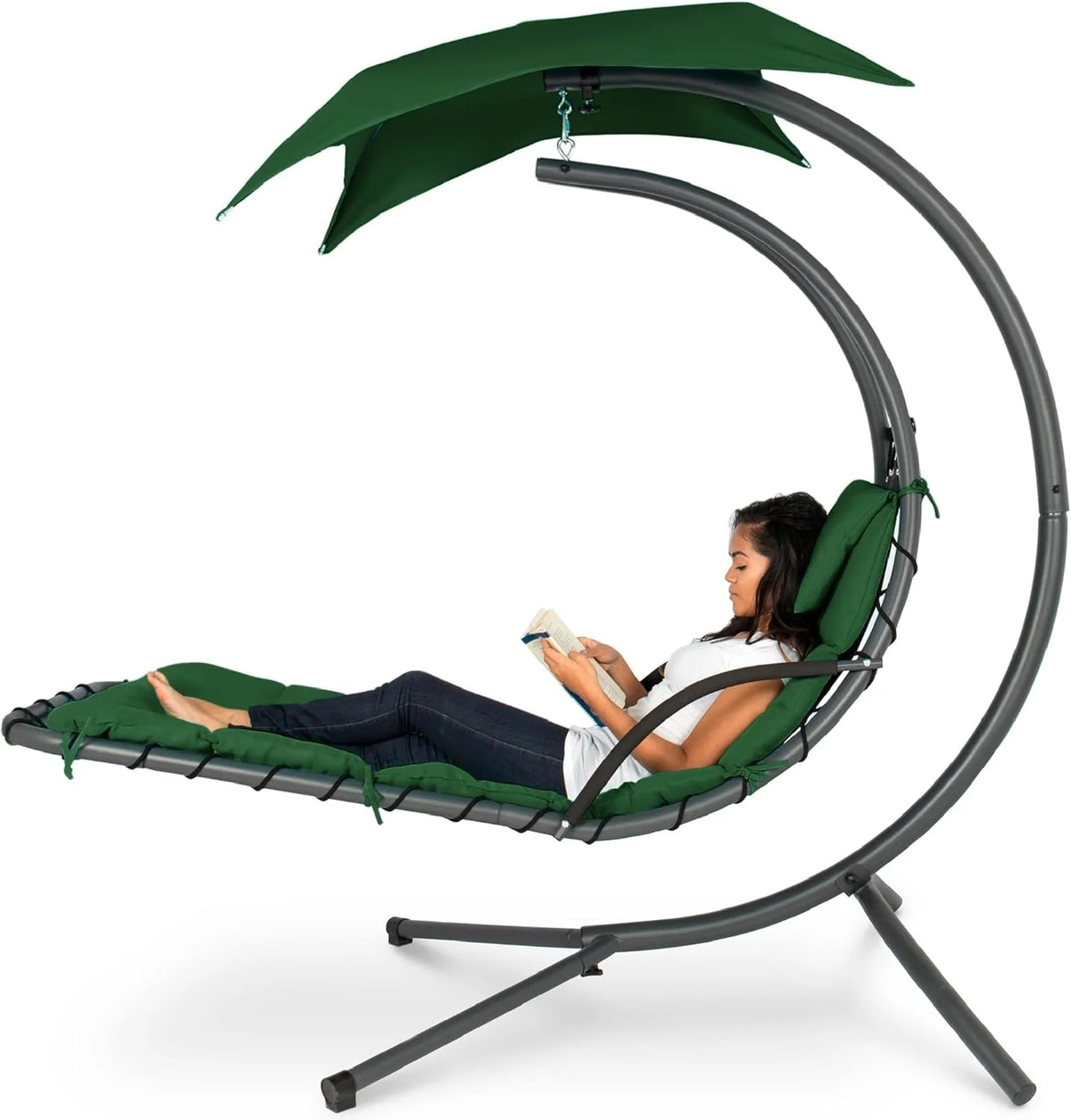 Best Choice Products Outdoor Hanging Curved Steel Chaise Lounge Chair Swing w/Built-in Pillow and Removable Canopy - Charcoal Gray