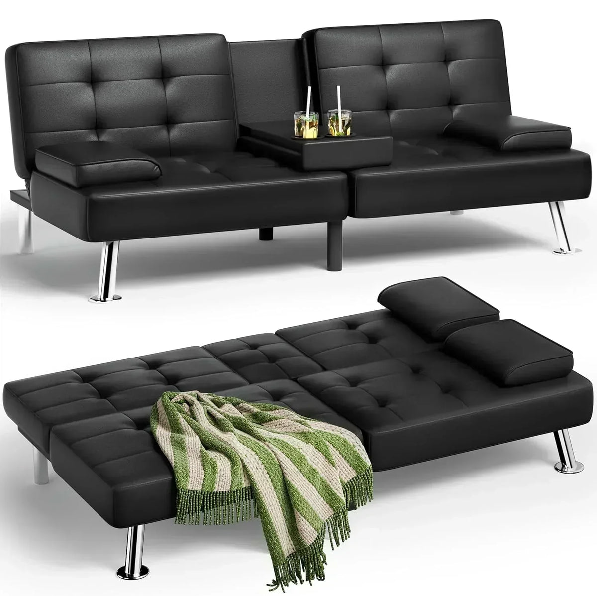 Homall Futon Sofa Bed Leather Futon Couch with Armrests Adjustable Recliner Sleeper Sofa Bed